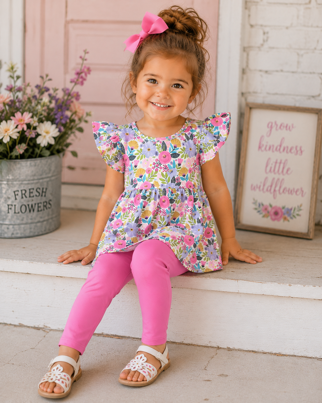 Purple Floral Ruffled Sleeve with Pink Leggings