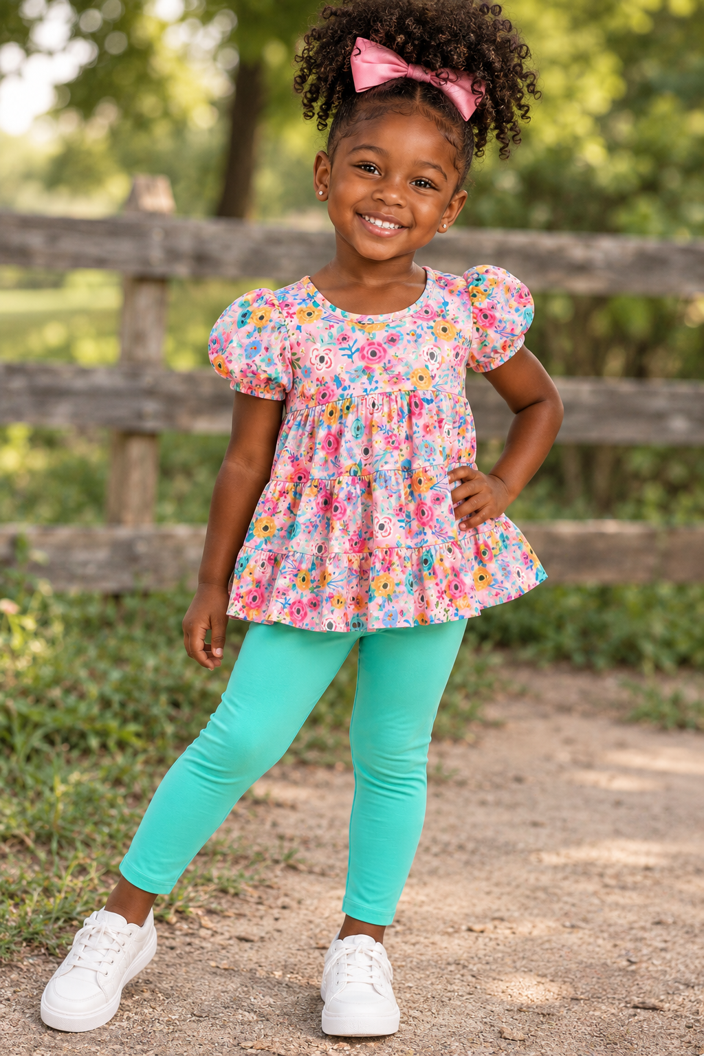 Short Sleeve Floral Dress with Turquoise Leggings