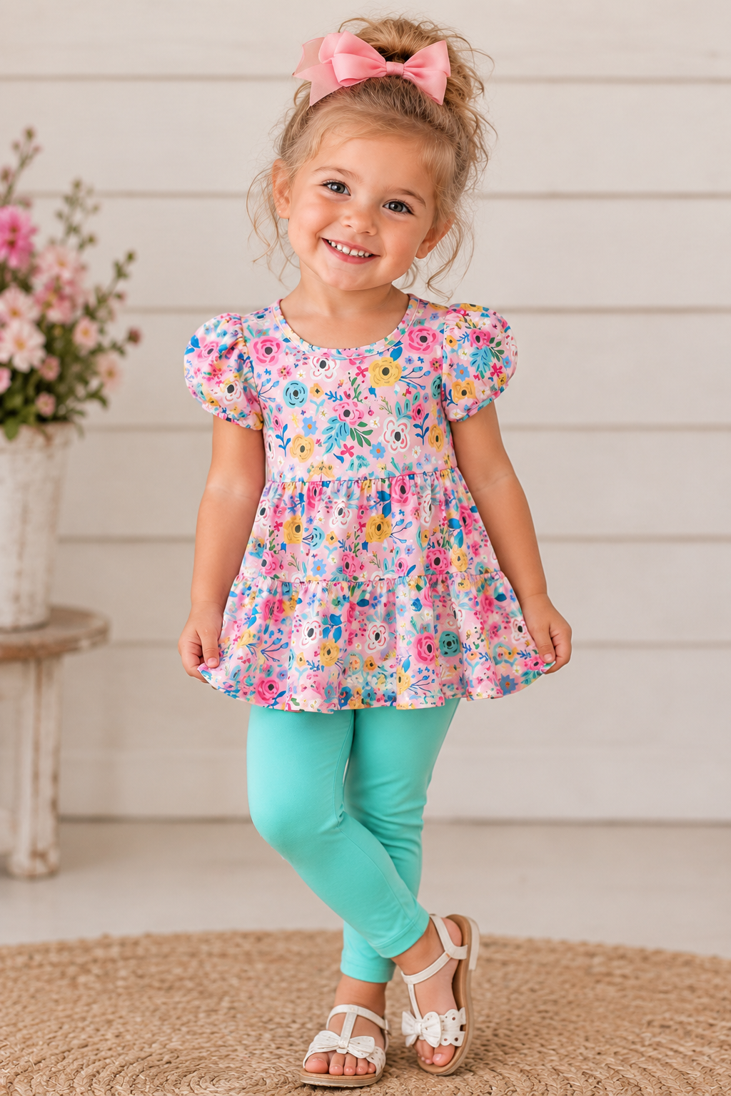 Short Sleeve Floral Dress with Turquoise Leggings