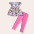 Purple Floral Ruffled Sleeve with Pink Leggings