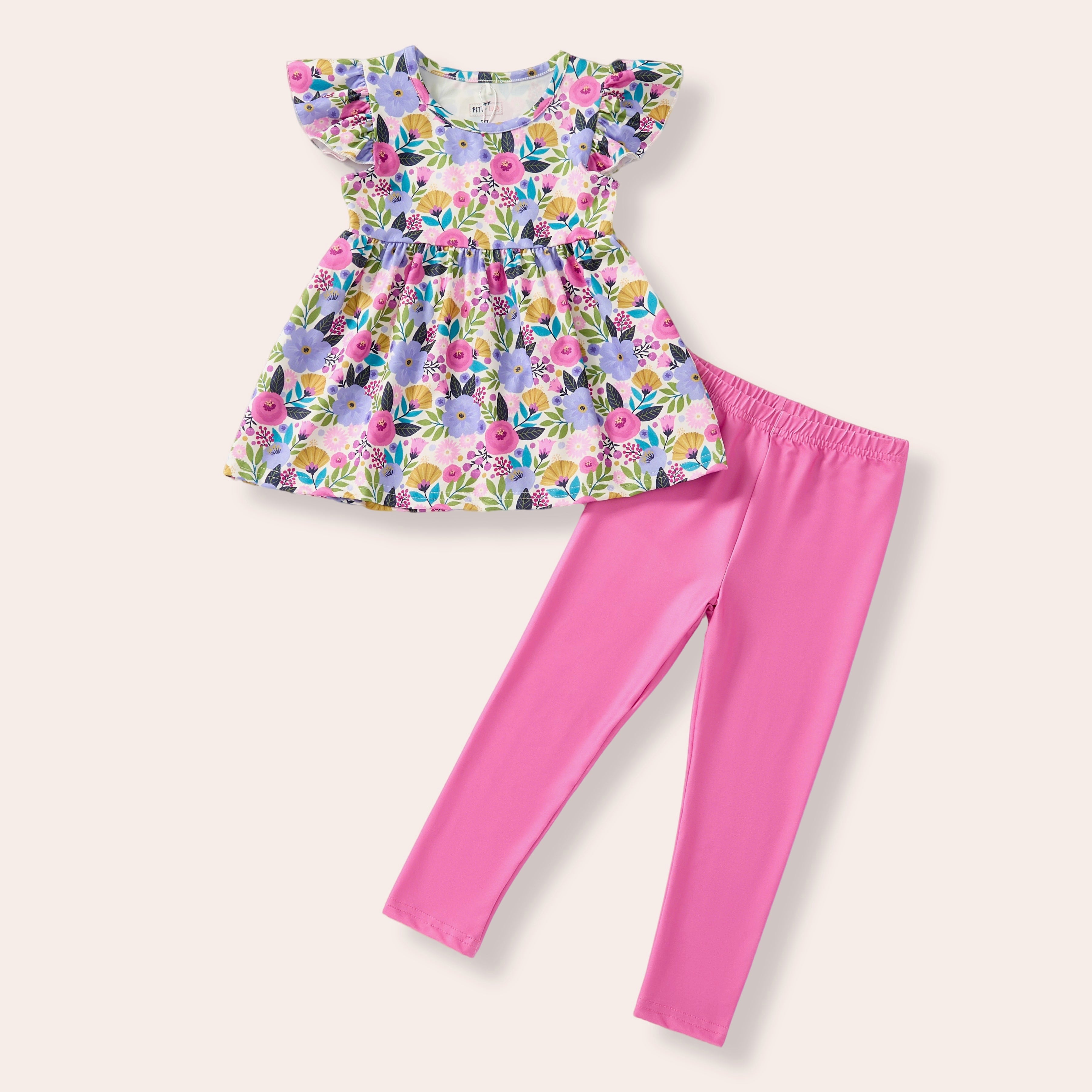 Purple Floral Ruffled Sleeve with Pink Leggings