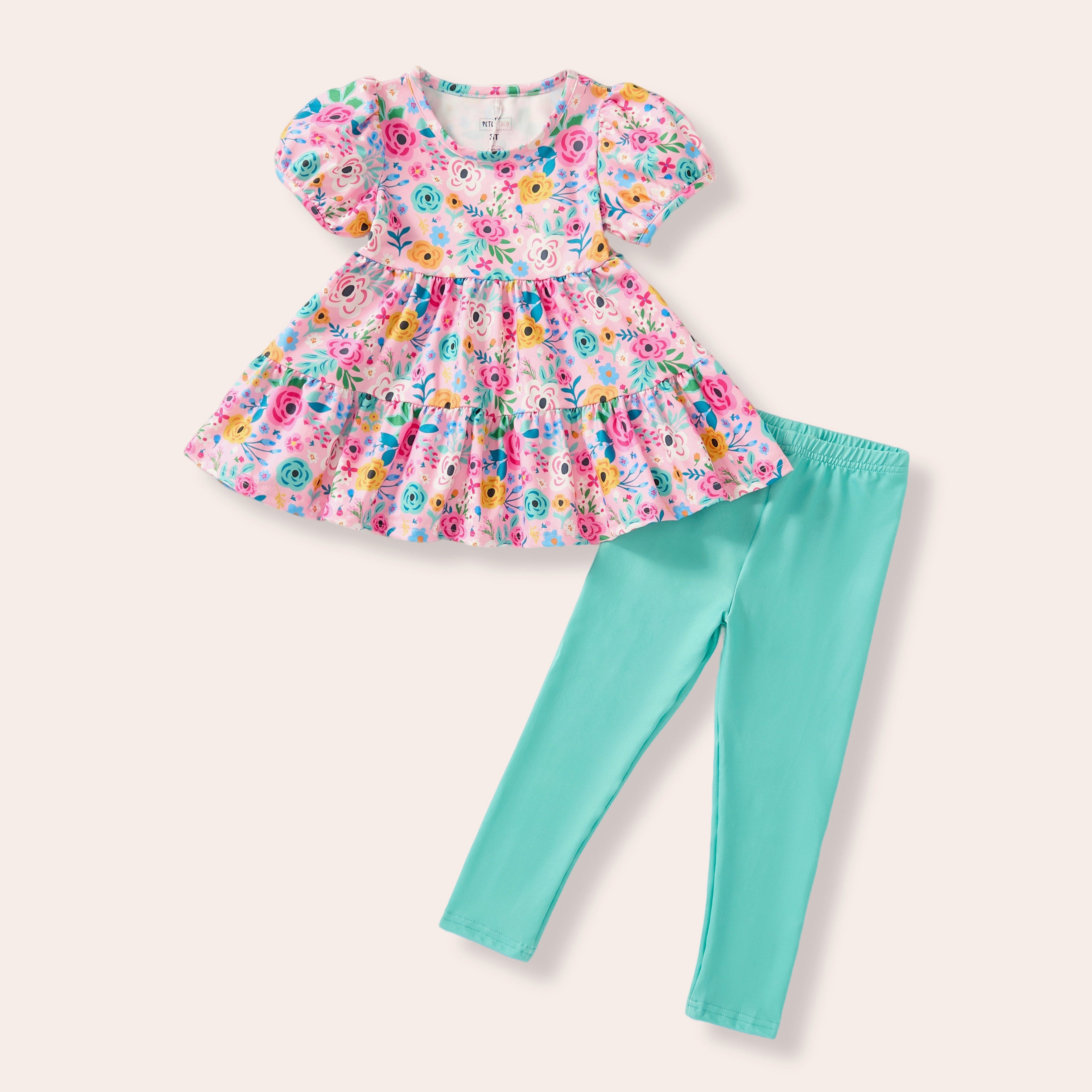 Short Sleeve Floral Dress with Turquoise Leggings
